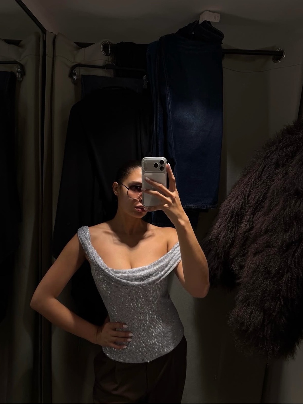 Zara Silver Sparkle Draped Off-Shoulder Top